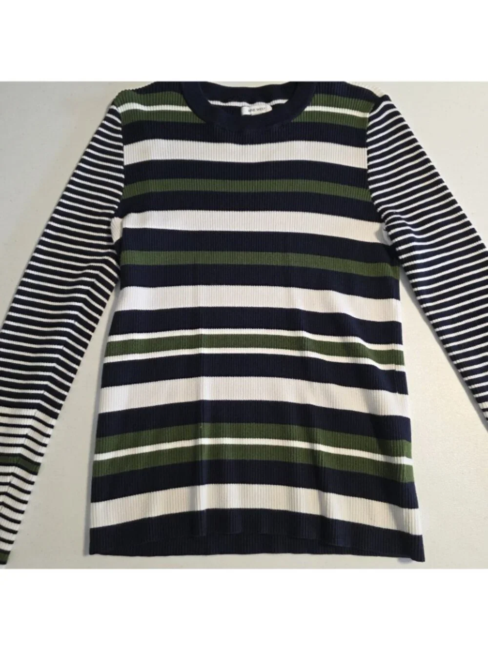 Nine West Rib Knit Crew Neck Sweater Rayon Blend Green Blue Striped Large NEW‎